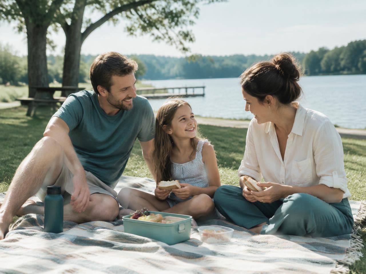 A family enjoying a simple lakeside picnic